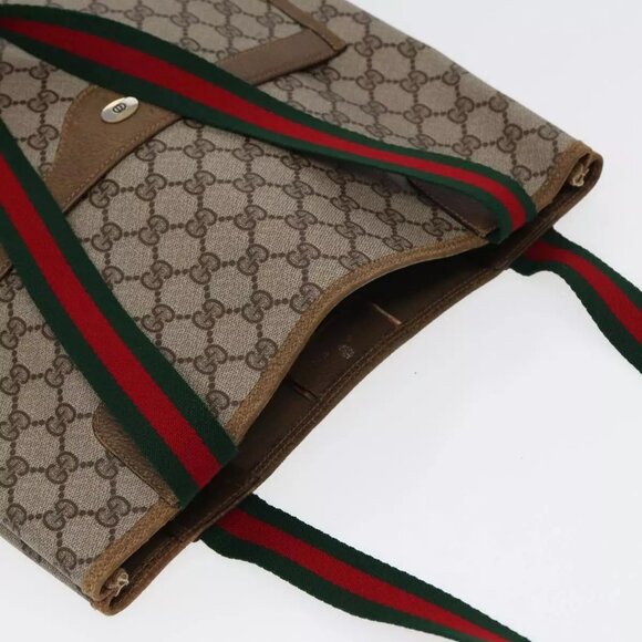 GUCCI GG Canvas Web Sherry Line Tote Bag PVC Leather Beige Green Red Auth - Picture 7 of 16